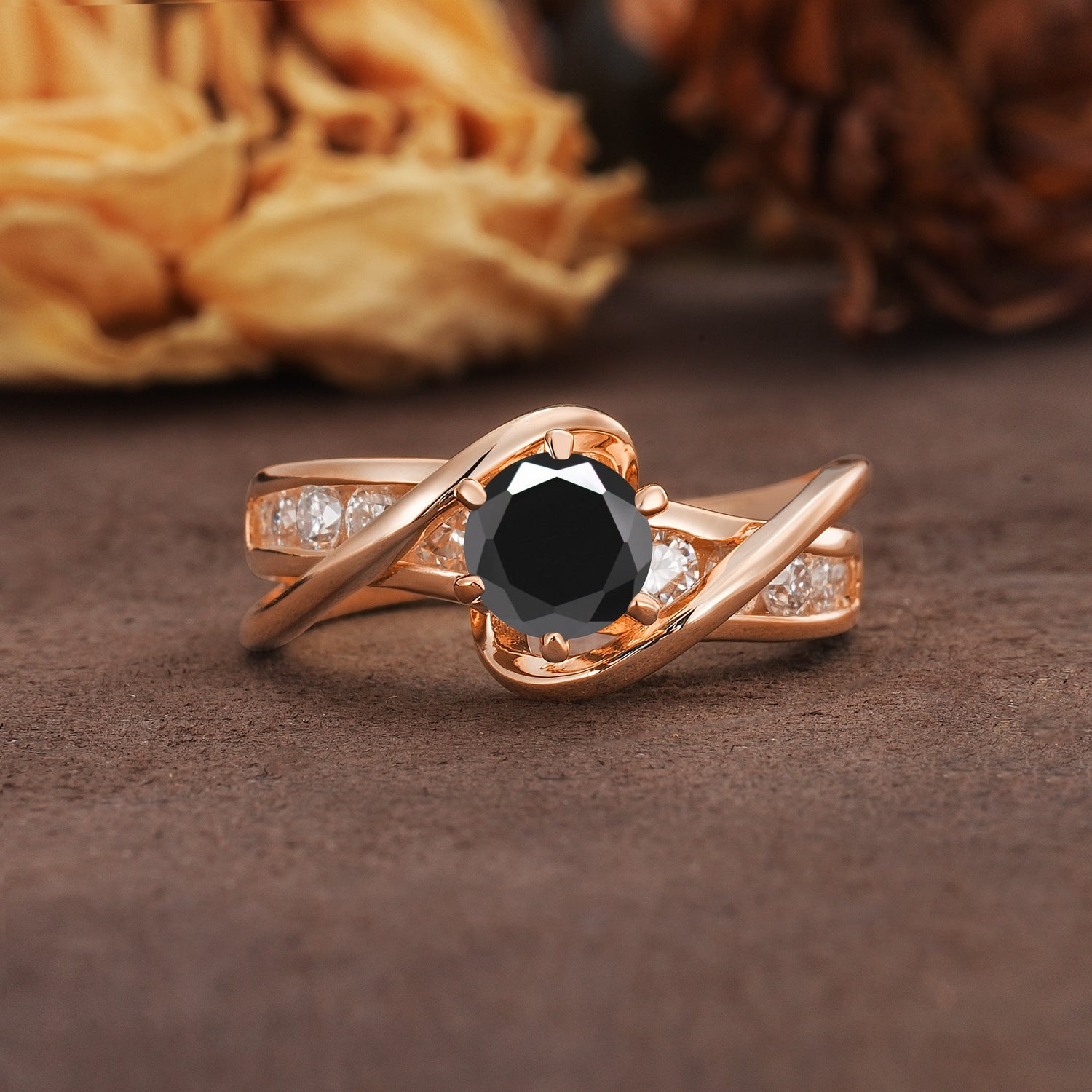 Unique and Elegant Twisted 6-Prong Round Cut Black Onyx Engagement Ring - Additional view