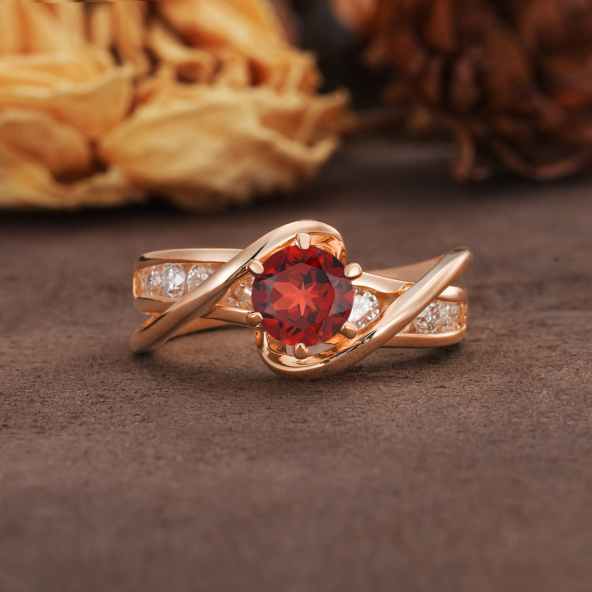 Unique and Elegant Twisted 6-Prong Round Cut Garnet Engagement Ring - Additional view