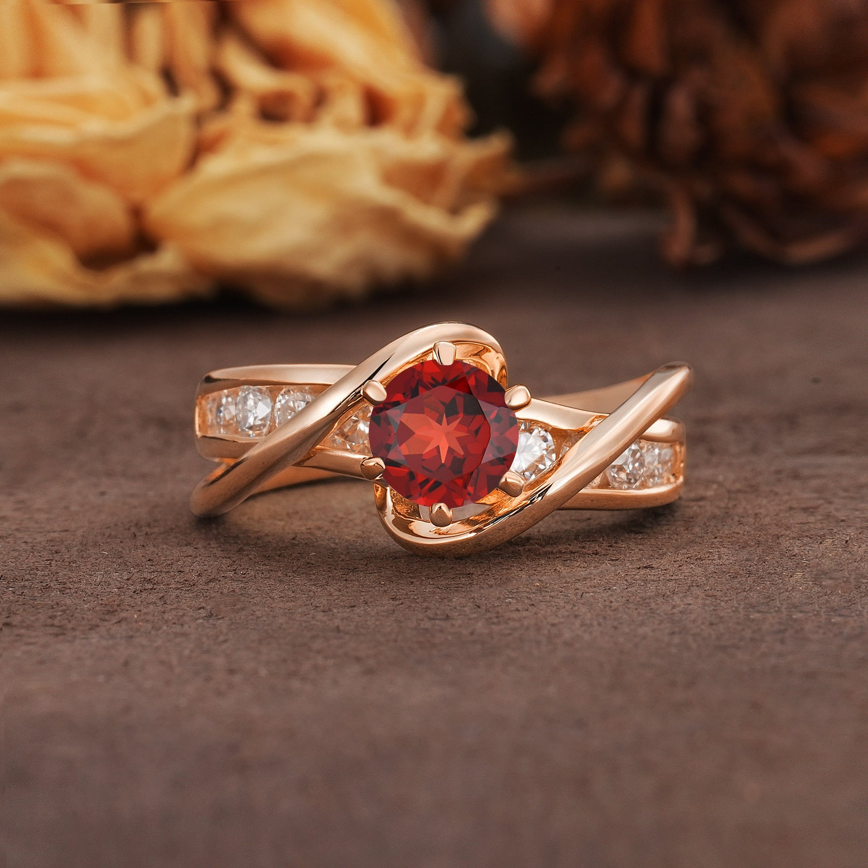 Unique and Elegant Twisted 6-Prong Round Cut Garnet Engagement Ring - Additional view