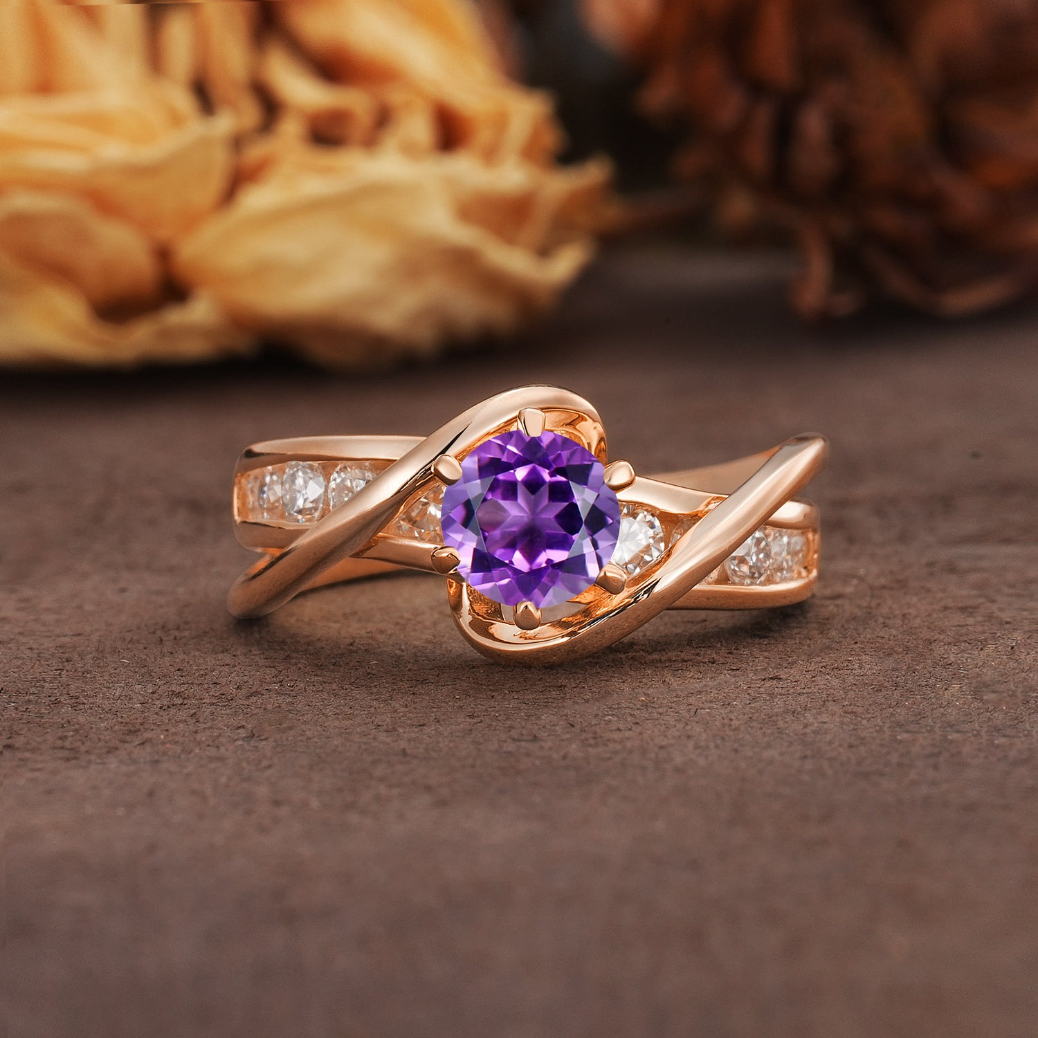 Unique and Elegant Twisted 6-Prong Round Cut Amethyst Engagement Ring