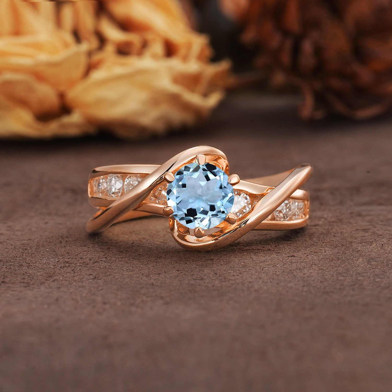 Unique and Elegant Twisted 6-Prong Round Cut Aquamarine Engagement Ring