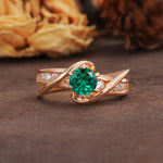 Unique and Elegant Twisted 6-Prong Round Cut Emerald Engagement Ring - Additional view