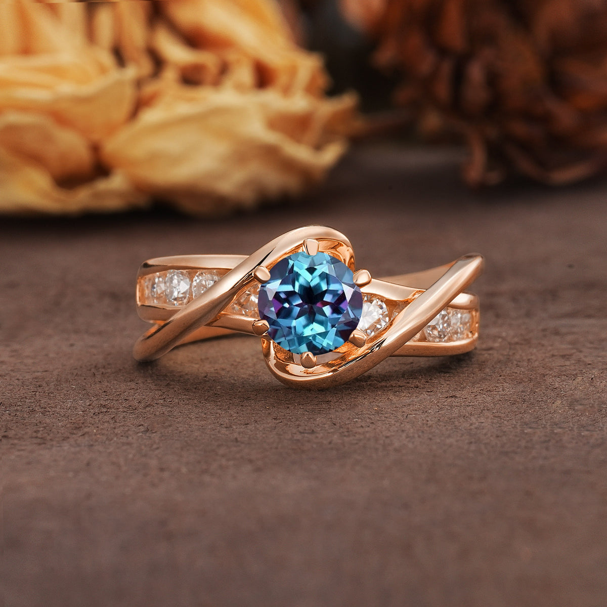 Unique and Elegant Twisted 6-Prong Round Cut Alexandrite Engagement Ring - Additional view