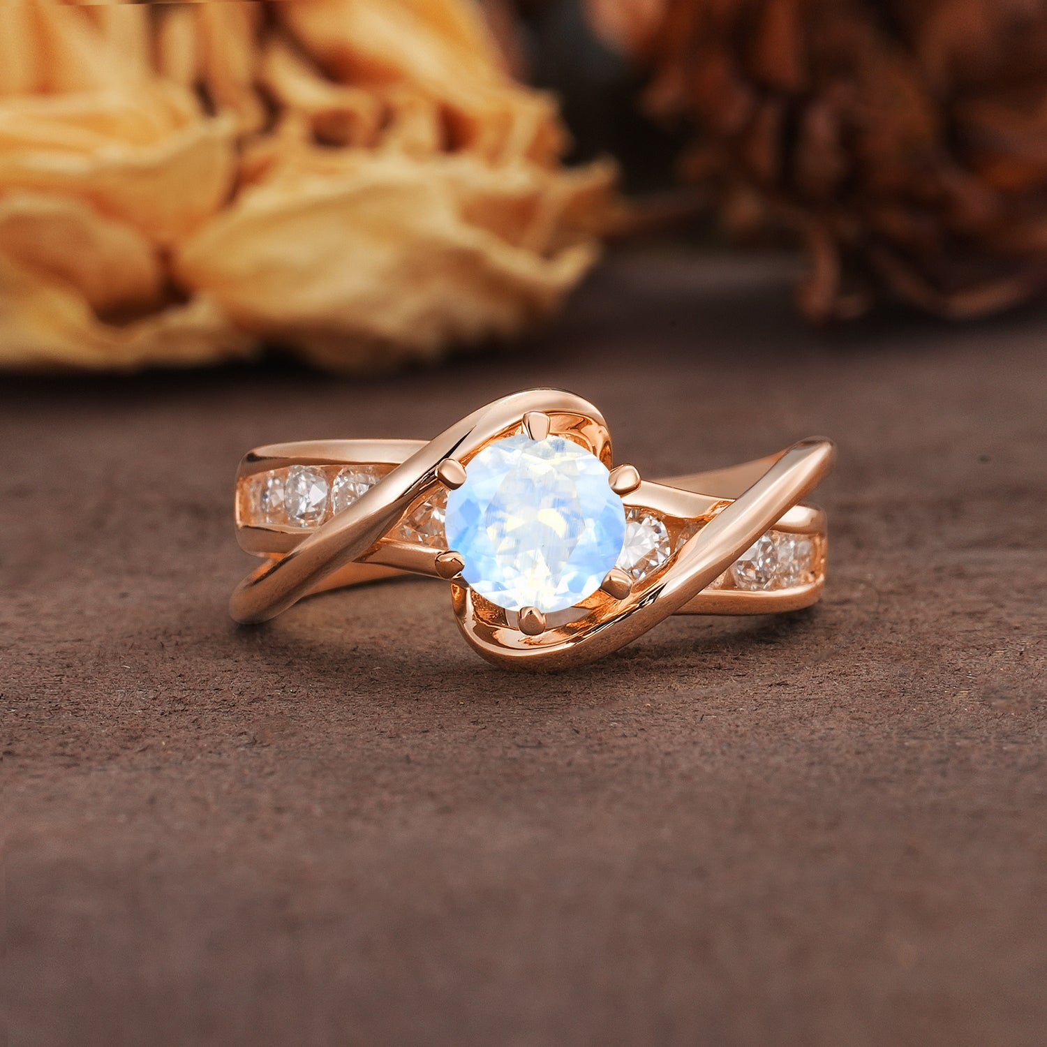 Unique and Elegant Twisted 6-Prong Round Cut Moonstone Engagement Ring