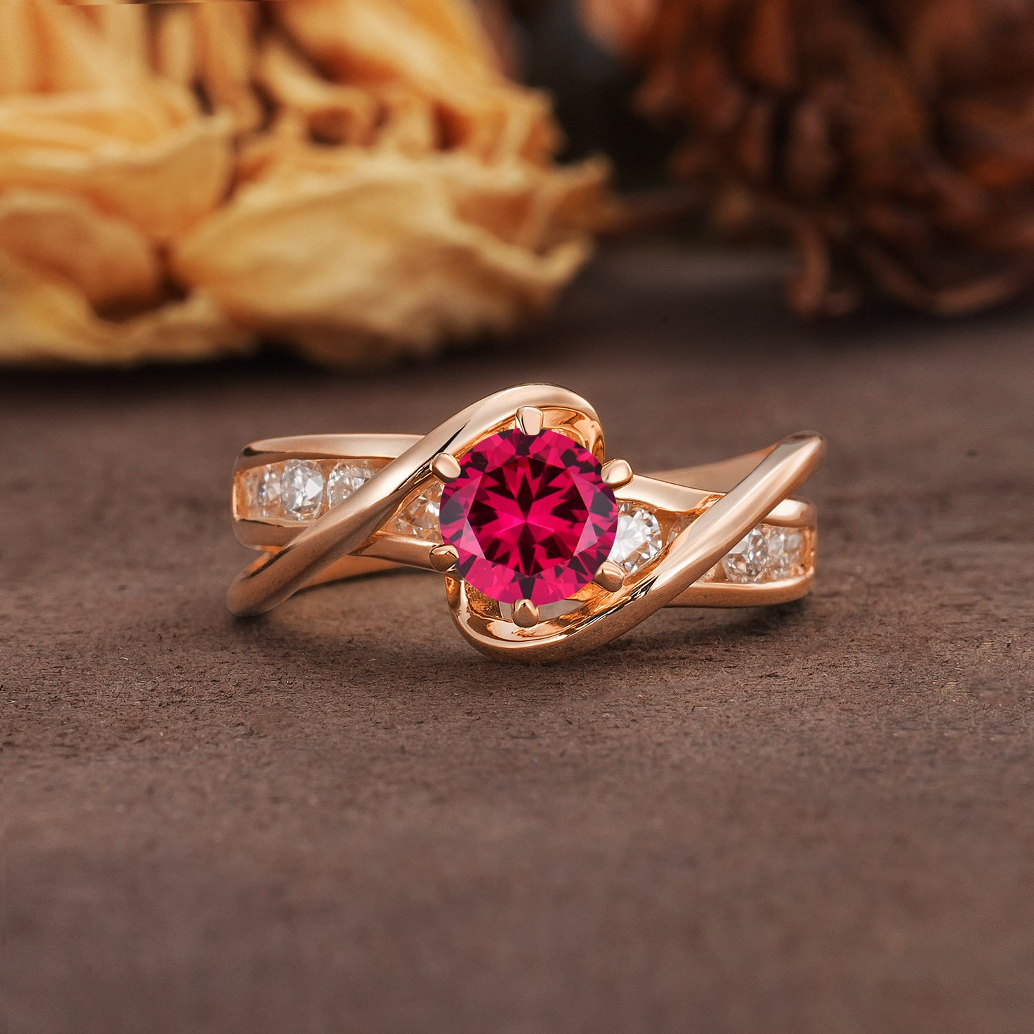 Unique and Elegant Twisted 6-Prong Round Cut Ruby Engagement Ring