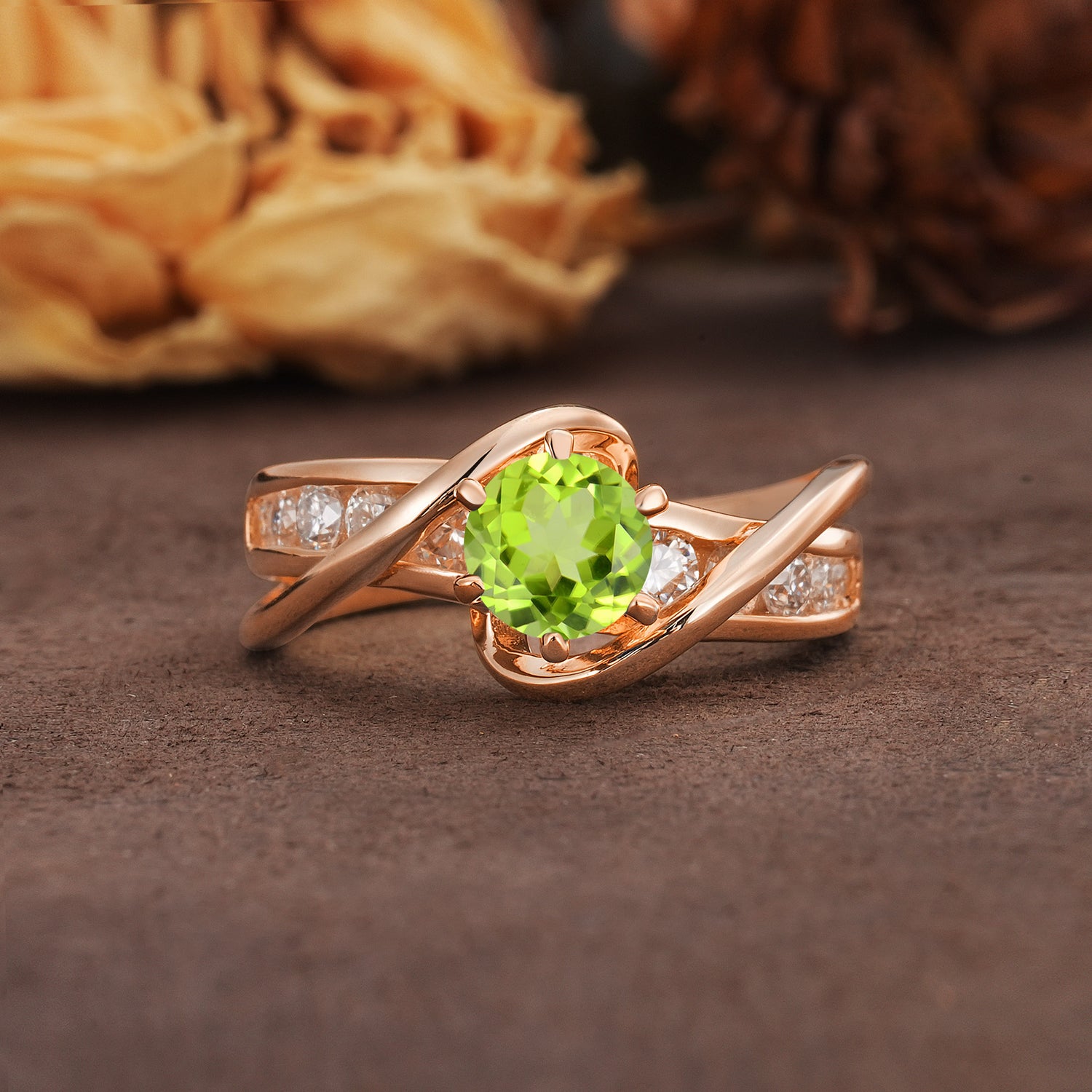 Unique and Elegant Twisted 6-Prong Round Cut Peridot Engagement Ring