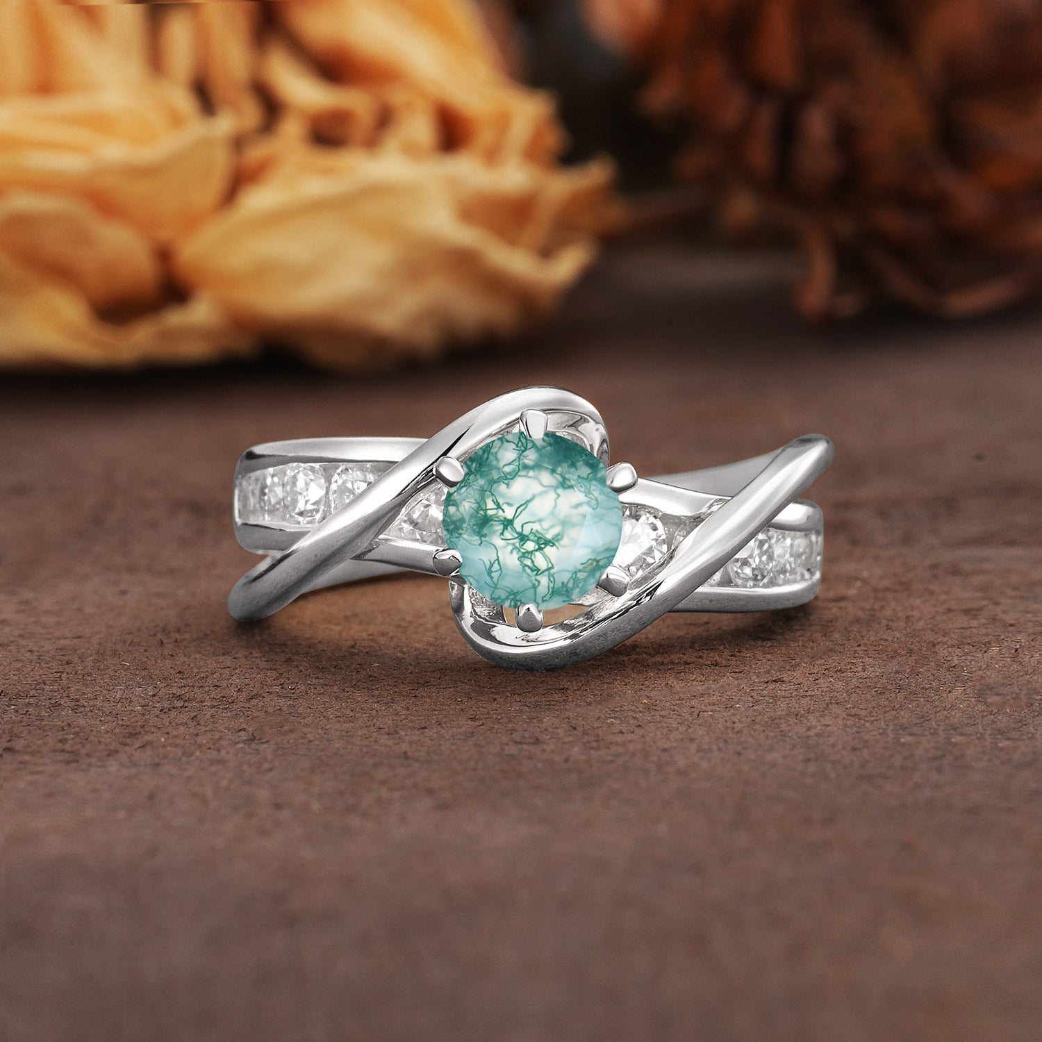 Unique and Elegant Twisted 6-Prong Round Cut Moss Agate Engagement Ring