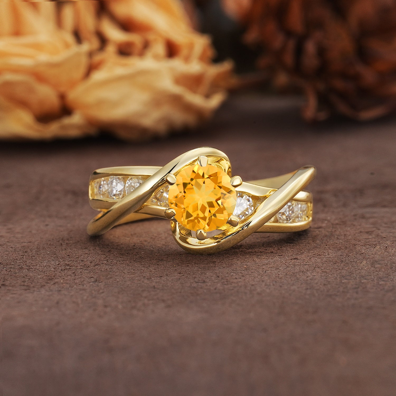 Unique and Elegant Twisted 6-Prong Round Cut Citrine Engagement Ring