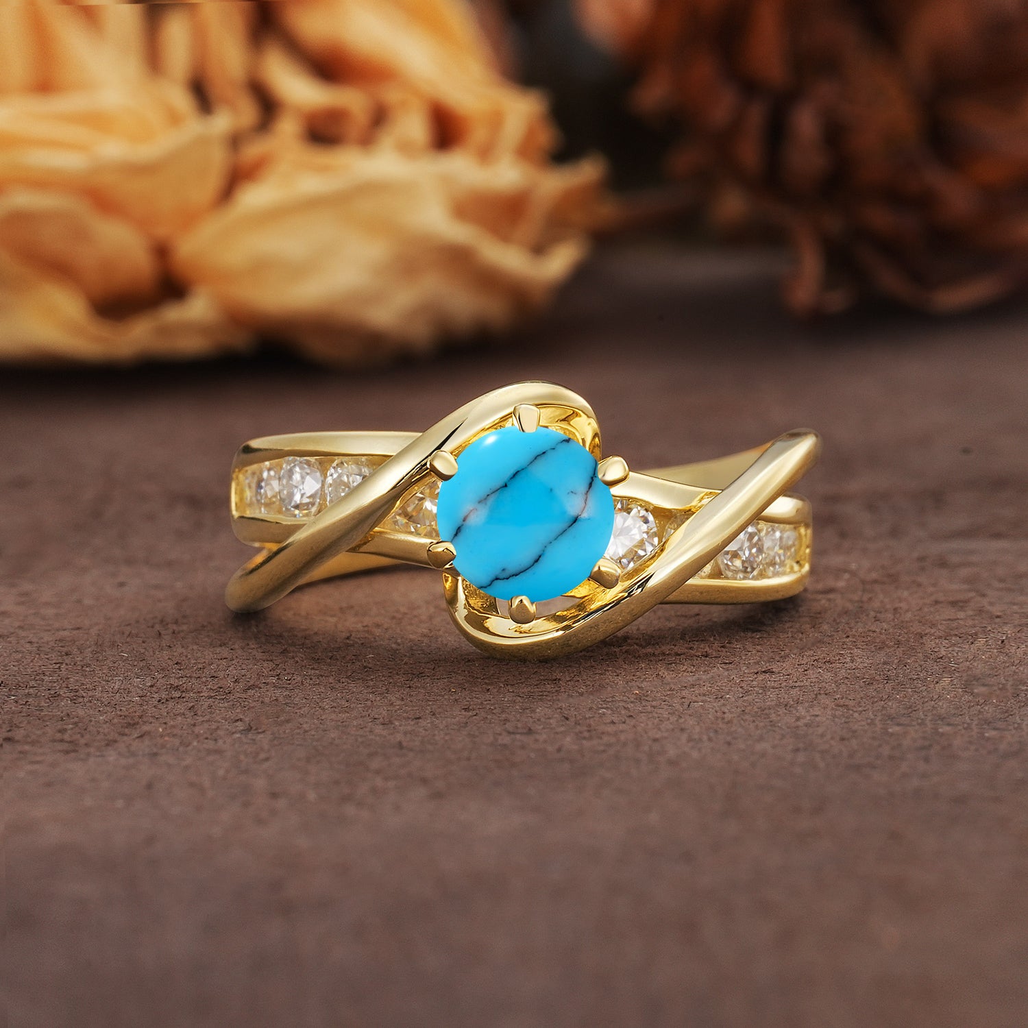 Unique and Elegant Twisted 6-Prong Round Cut Turquoise Engagement Ring