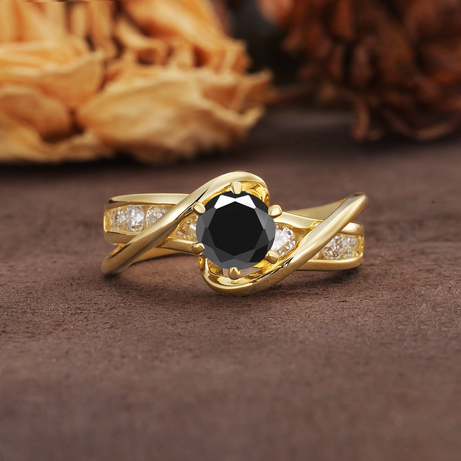 Unique and Elegant Twisted 6-Prong Round Cut Black Onyx Engagement Ring