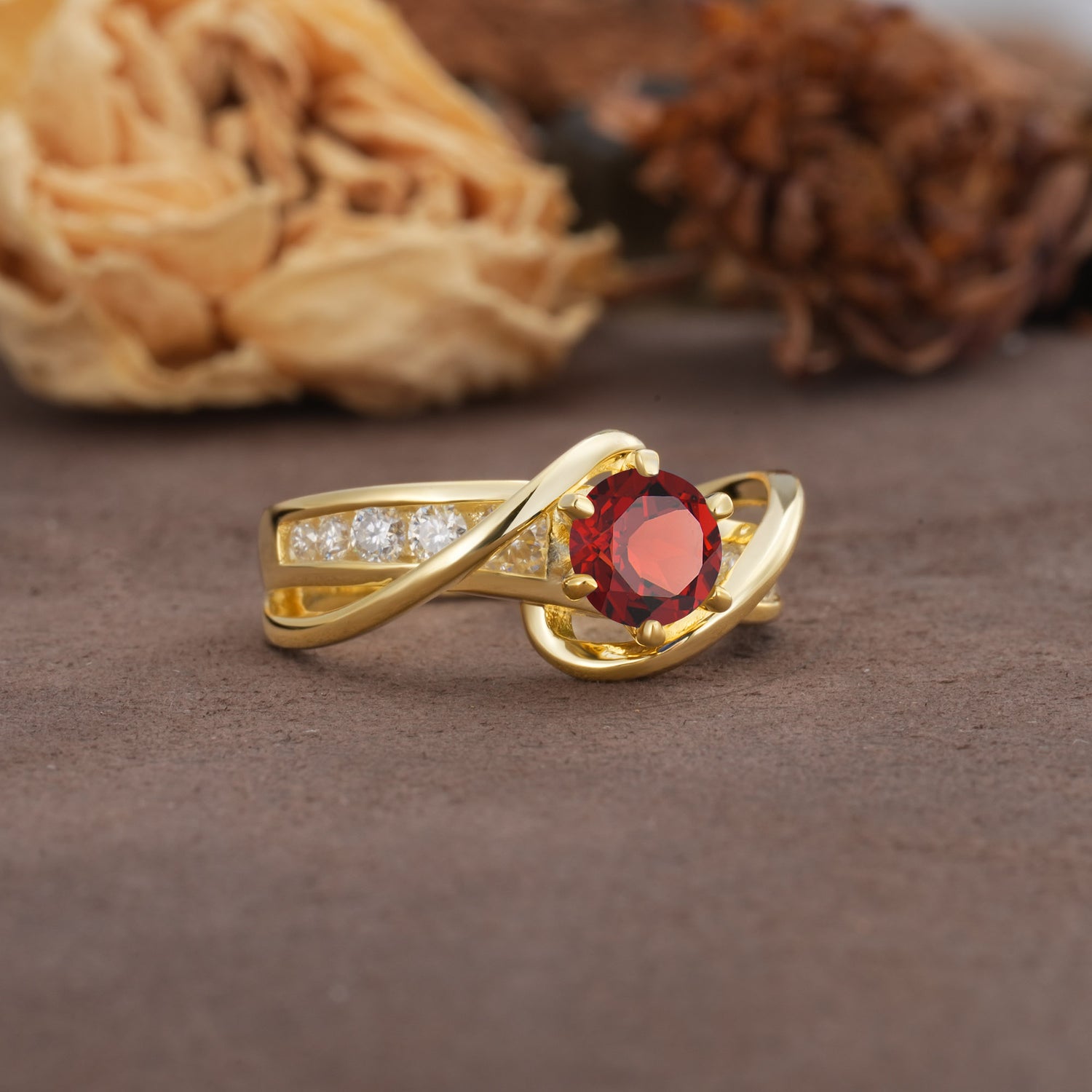 Unique and Elegant Twisted 6-Prong Round Cut Garnet Engagement Ring