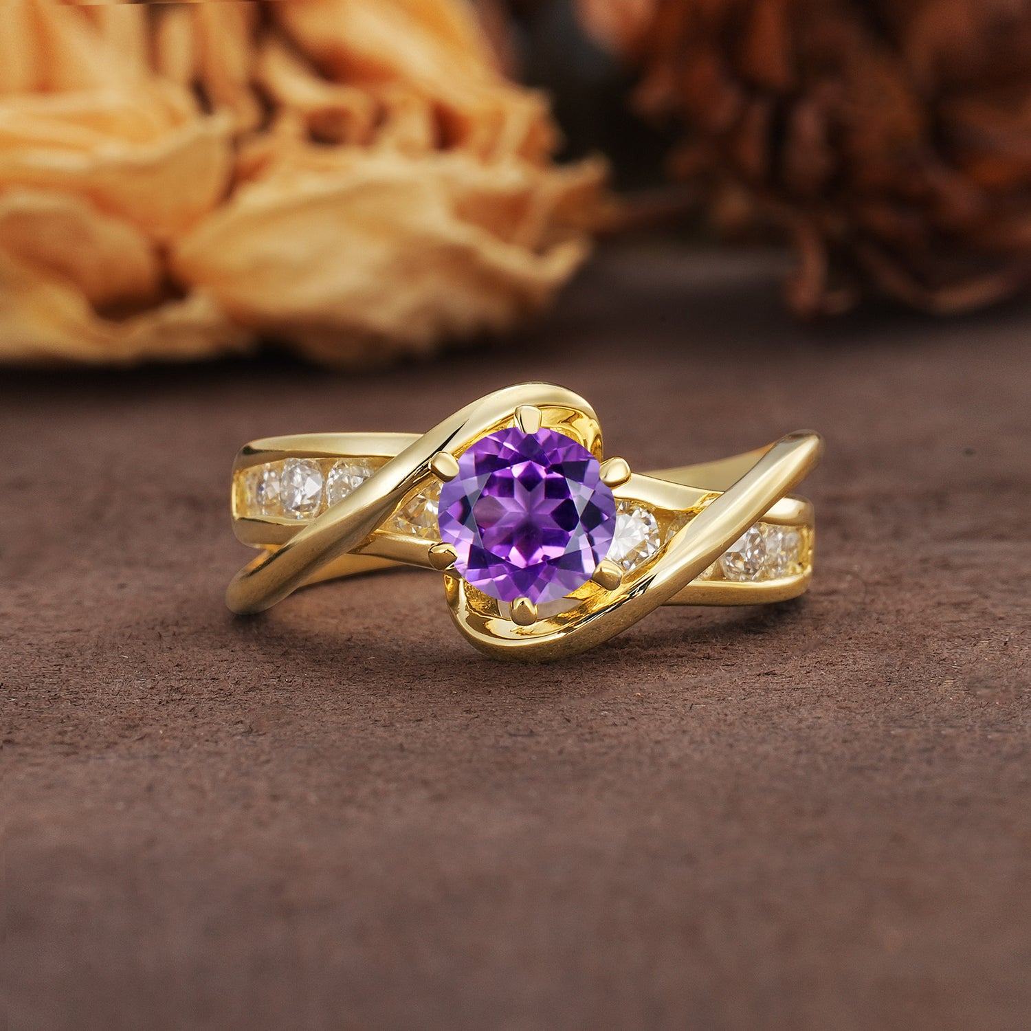 Unique and Elegant Twisted 6-Prong Round Cut Amethyst Engagement Ring