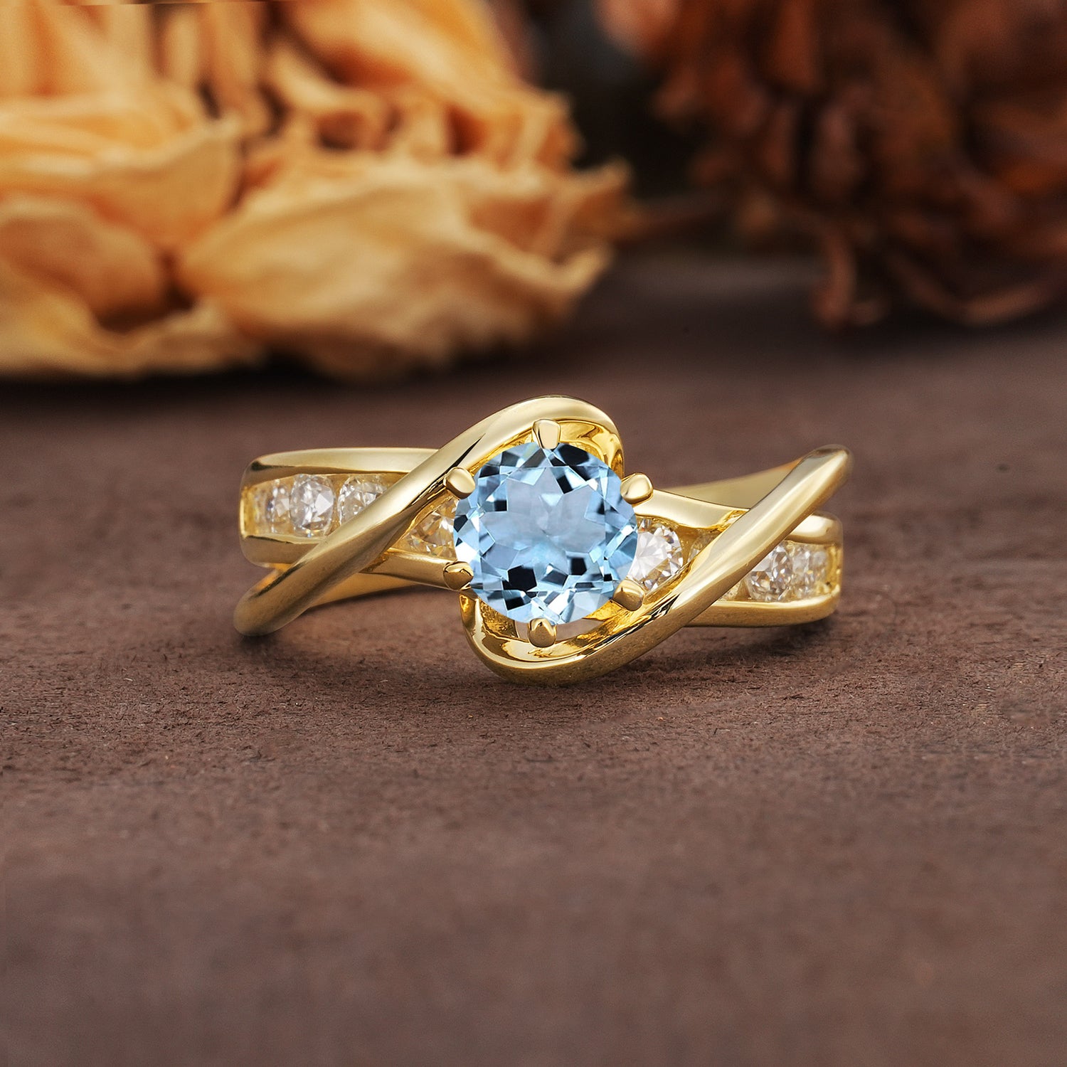 Unique and Elegant Twisted 6-Prong Round Cut Aquamarine Engagement Ring
