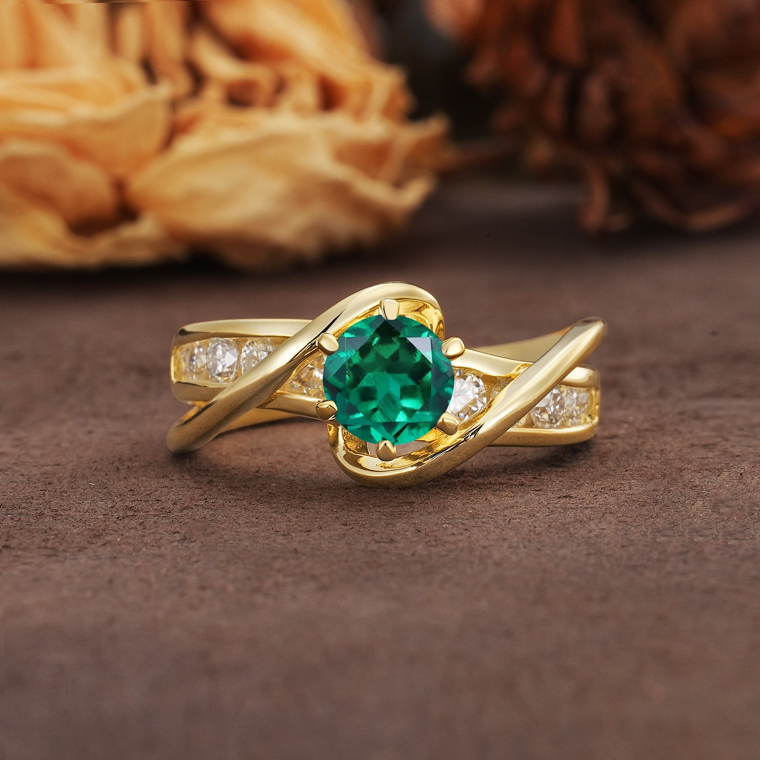 Unique and Elegant Twisted 6-Prong Round Cut Emerald Engagement Ring