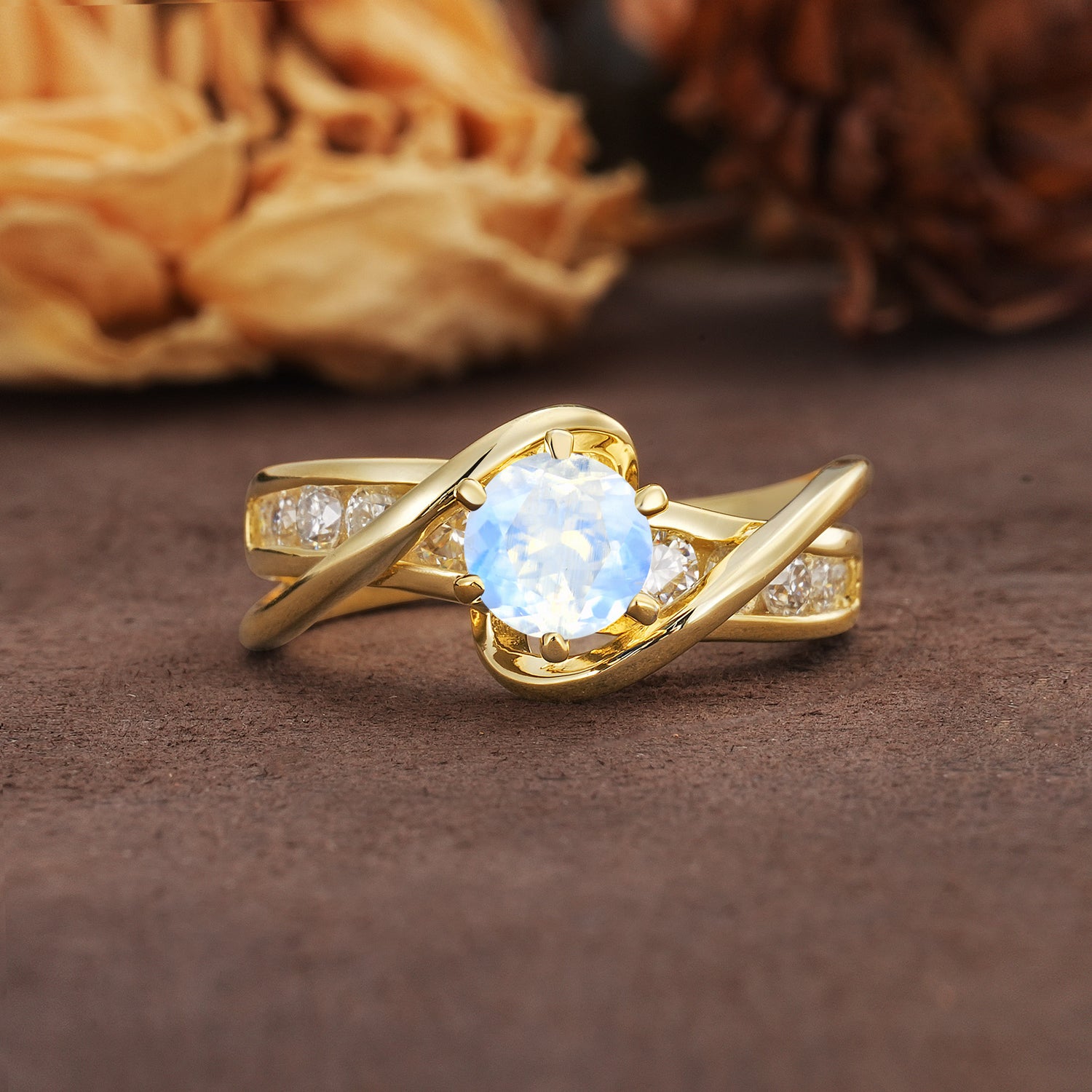 Unique and Elegant Twisted 6-Prong Round Cut Moonstone Engagement Ring