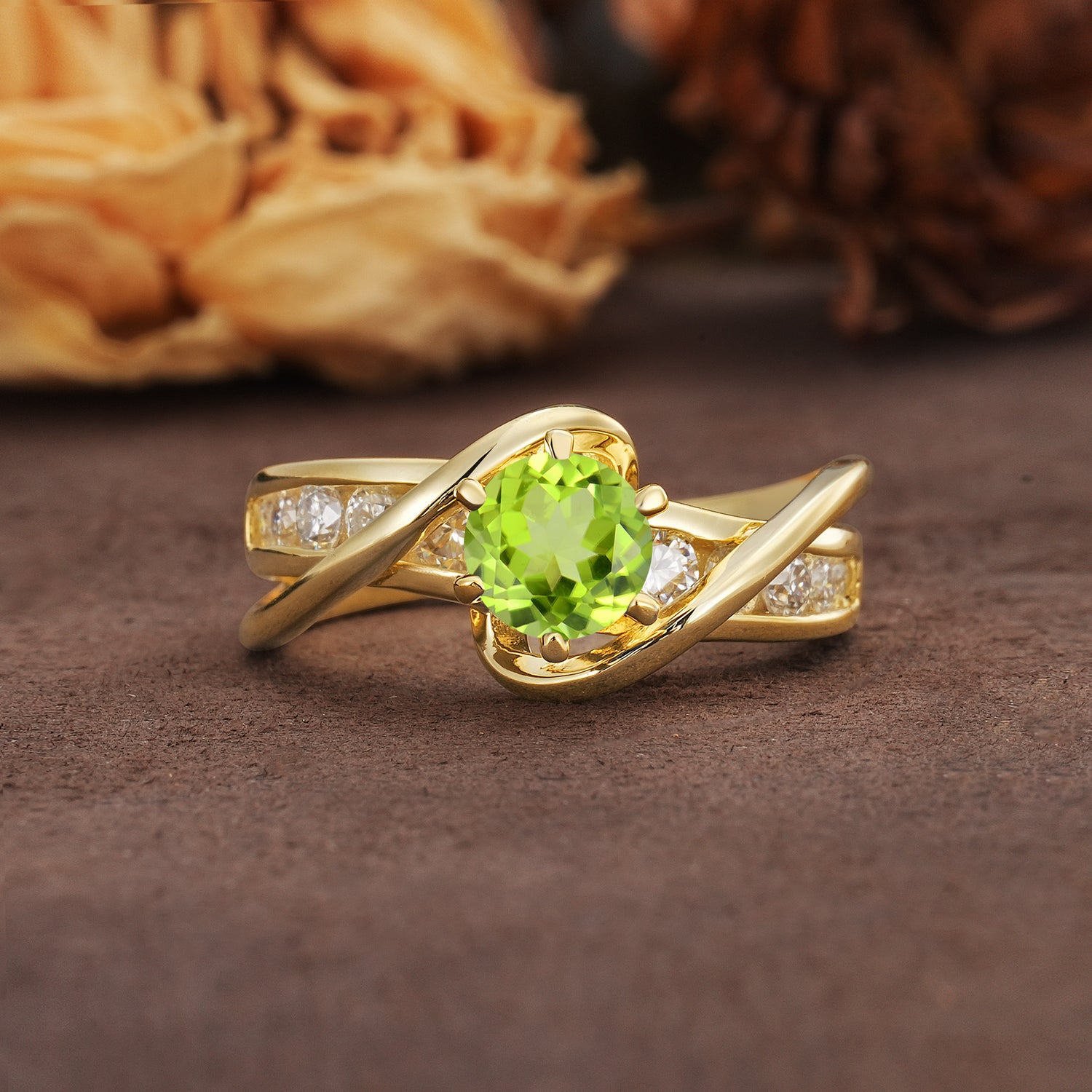 Unique and Elegant Twisted 6-Prong Round Cut Peridot Engagement Ring