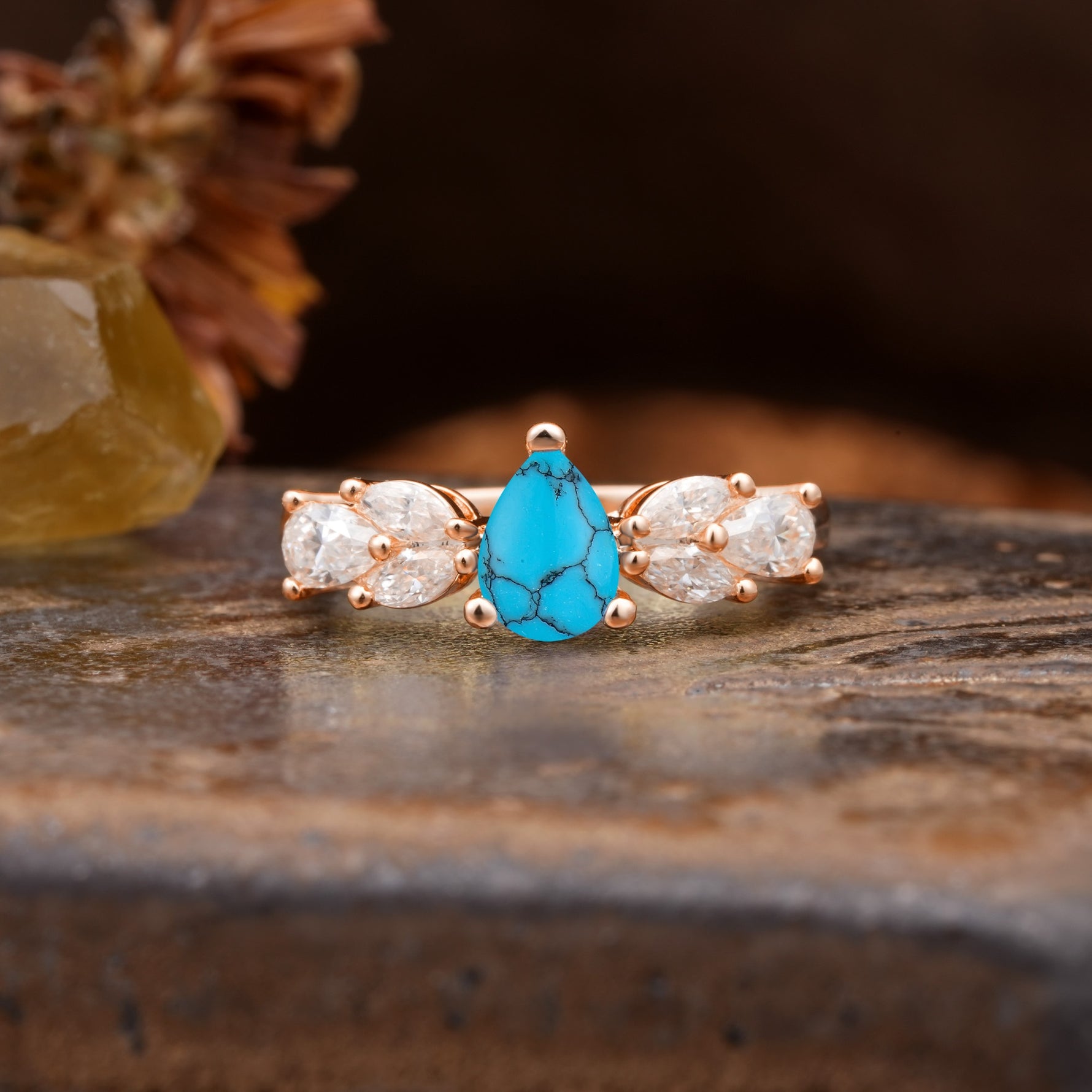 Unique and Elegant Twisted 3-Prong Pear Cut Turquoise Engagement Ring - Additional view