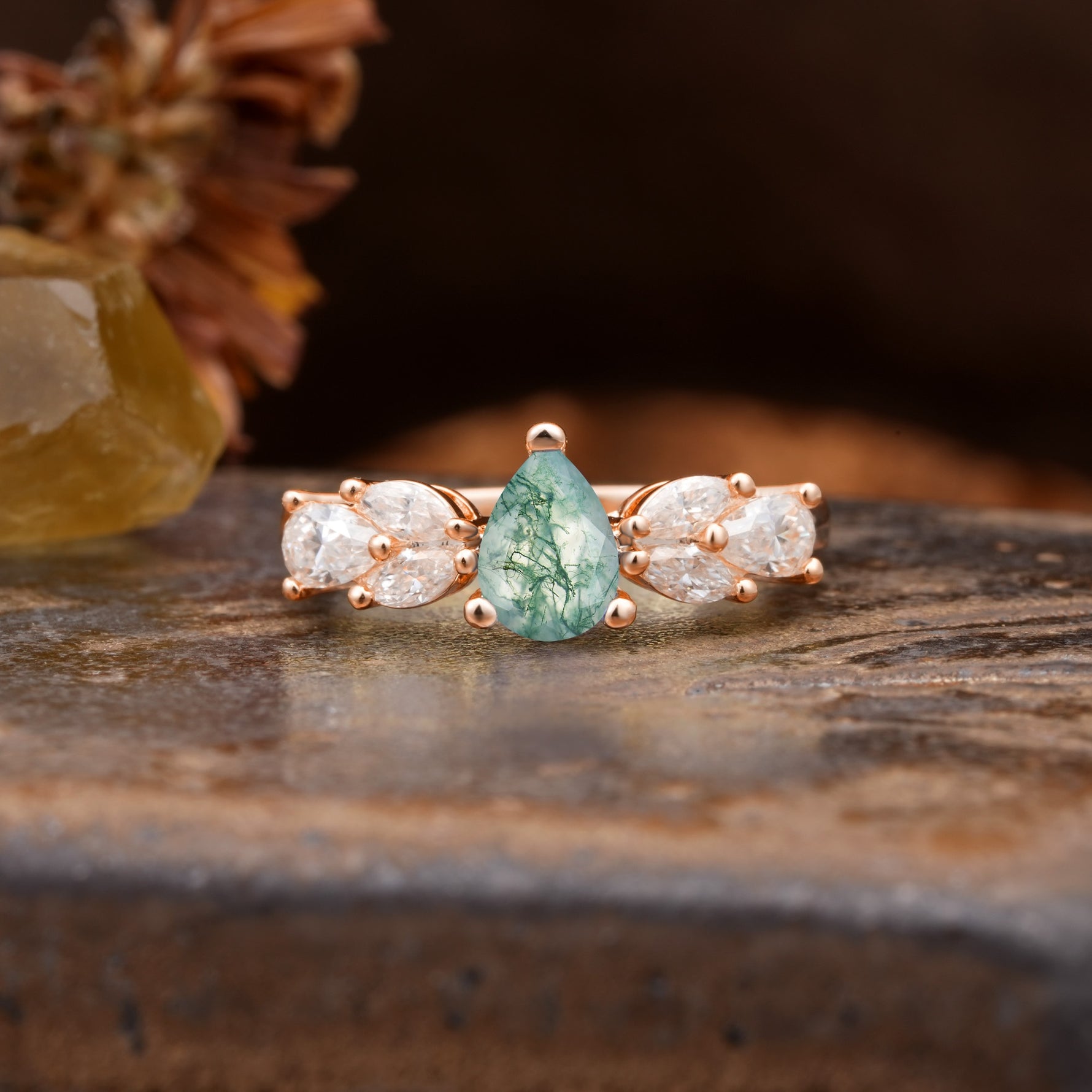 Unique and Elegant Twisted 3-Prong Pear Cut Moss Agate Engagement Ring - Additional view