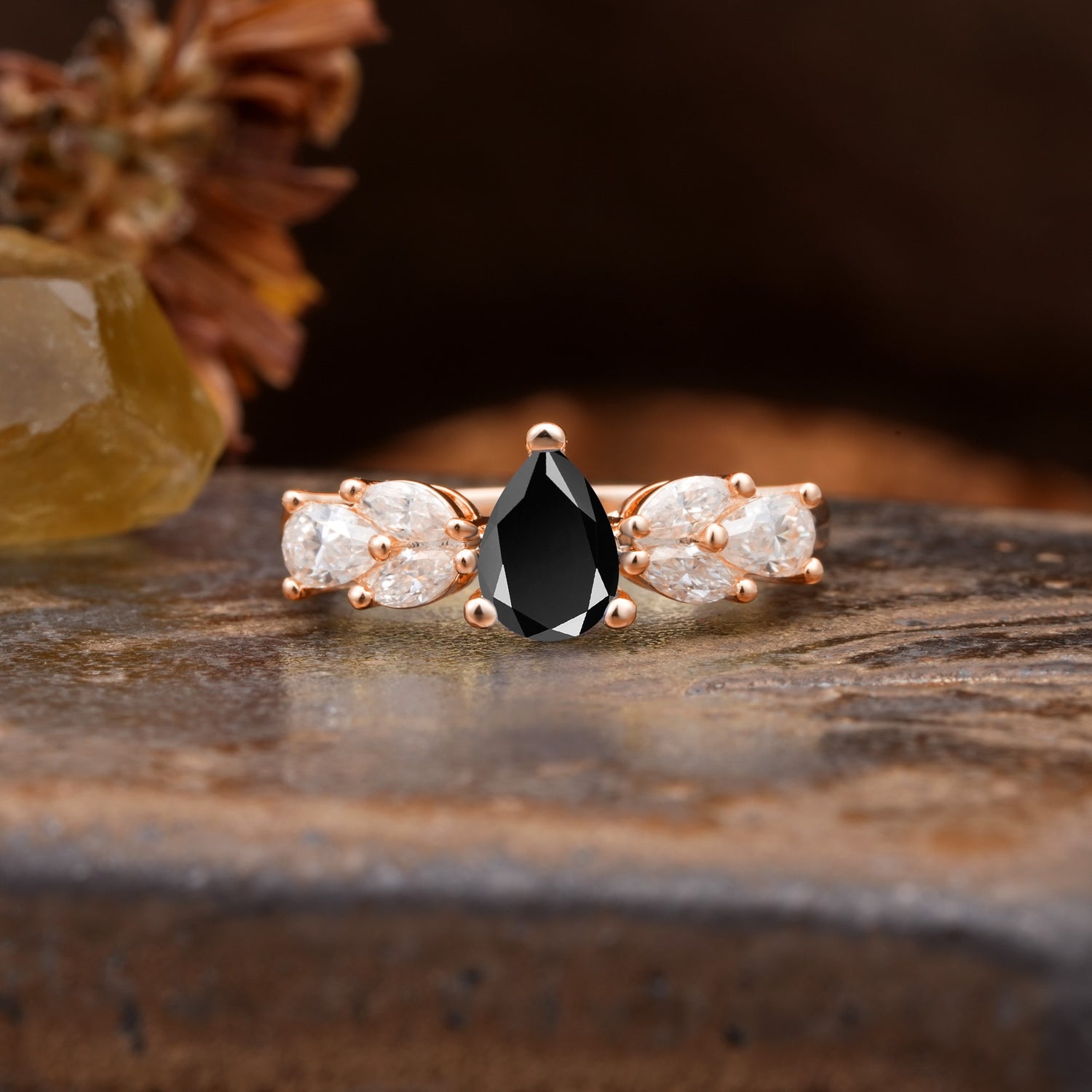 Unique and Elegant Twisted 3-Prong Pear Cut Black Onyx Engagement Ring - Additional view