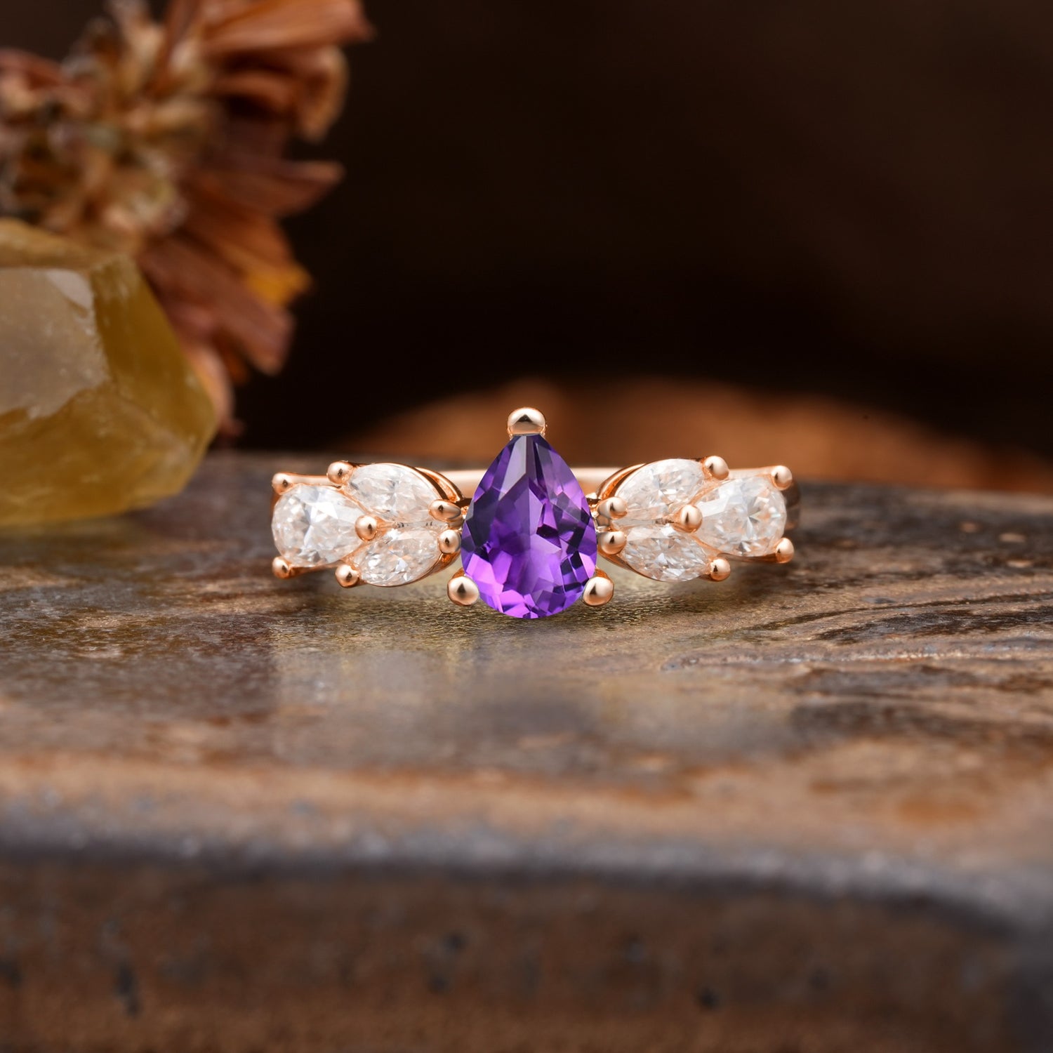 Unique and Elegant Twisted 3-Prong Pear Cut Amethyst Engagement Ring - Additional view