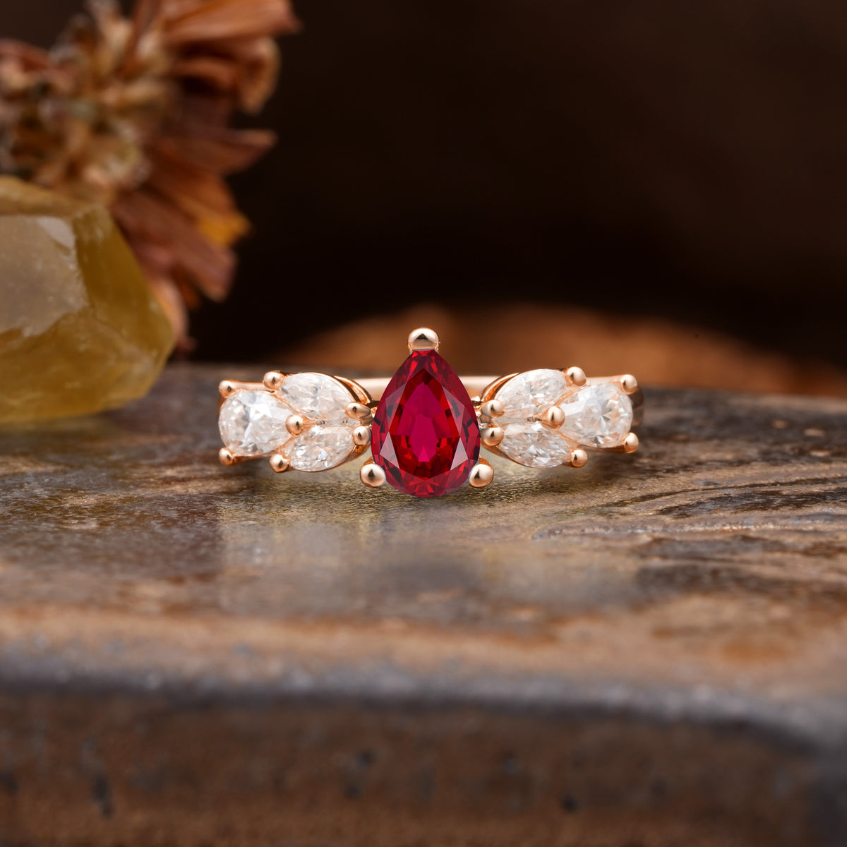 Unique and Elegant Twisted 3-Prong Pear Cut Ruby Engagement Ring - Additional view