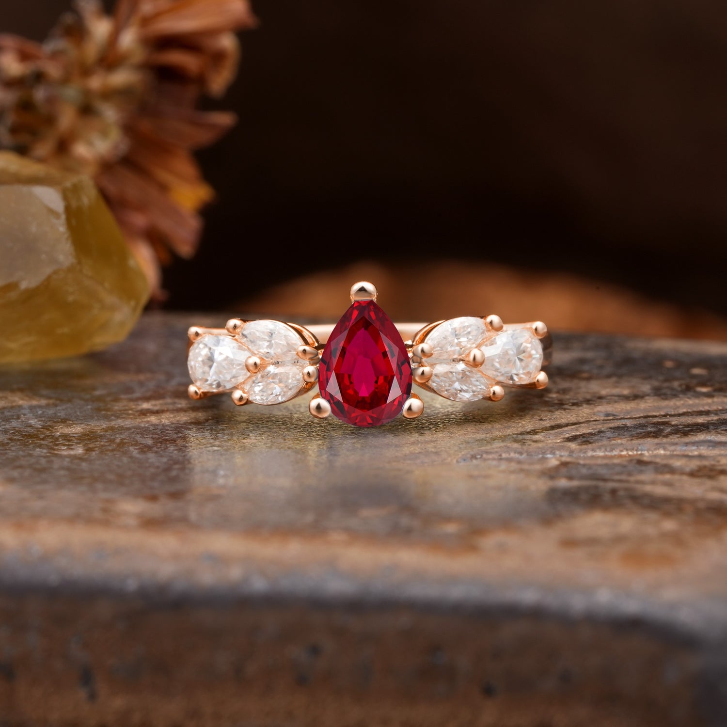 Unique and Elegant Twisted 3-Prong Pear Cut Ruby Engagement Ring - Additional view