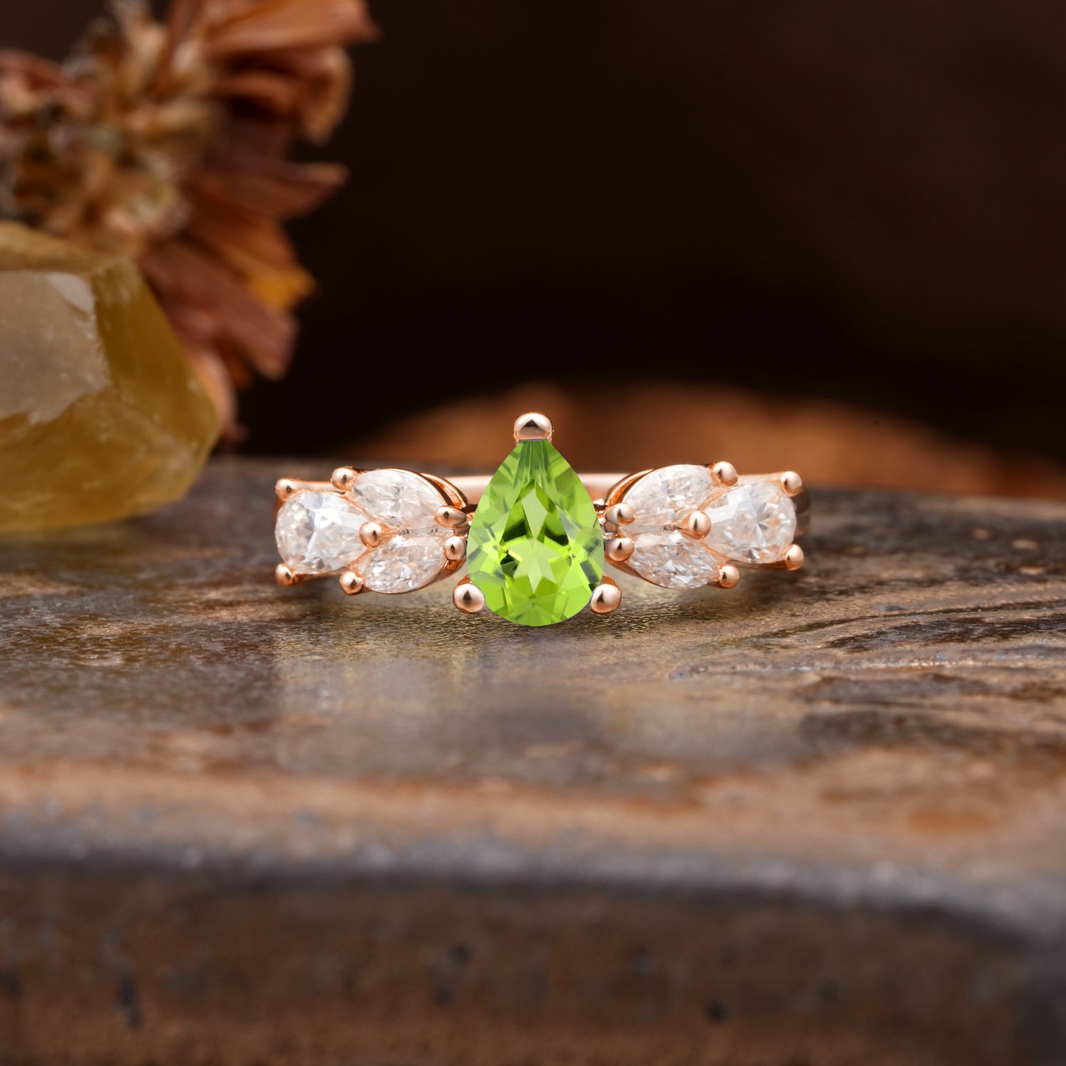 Unique and Elegant Twisted 3-Prong Pear Cut Peridot Engagement Ring - Additional view
