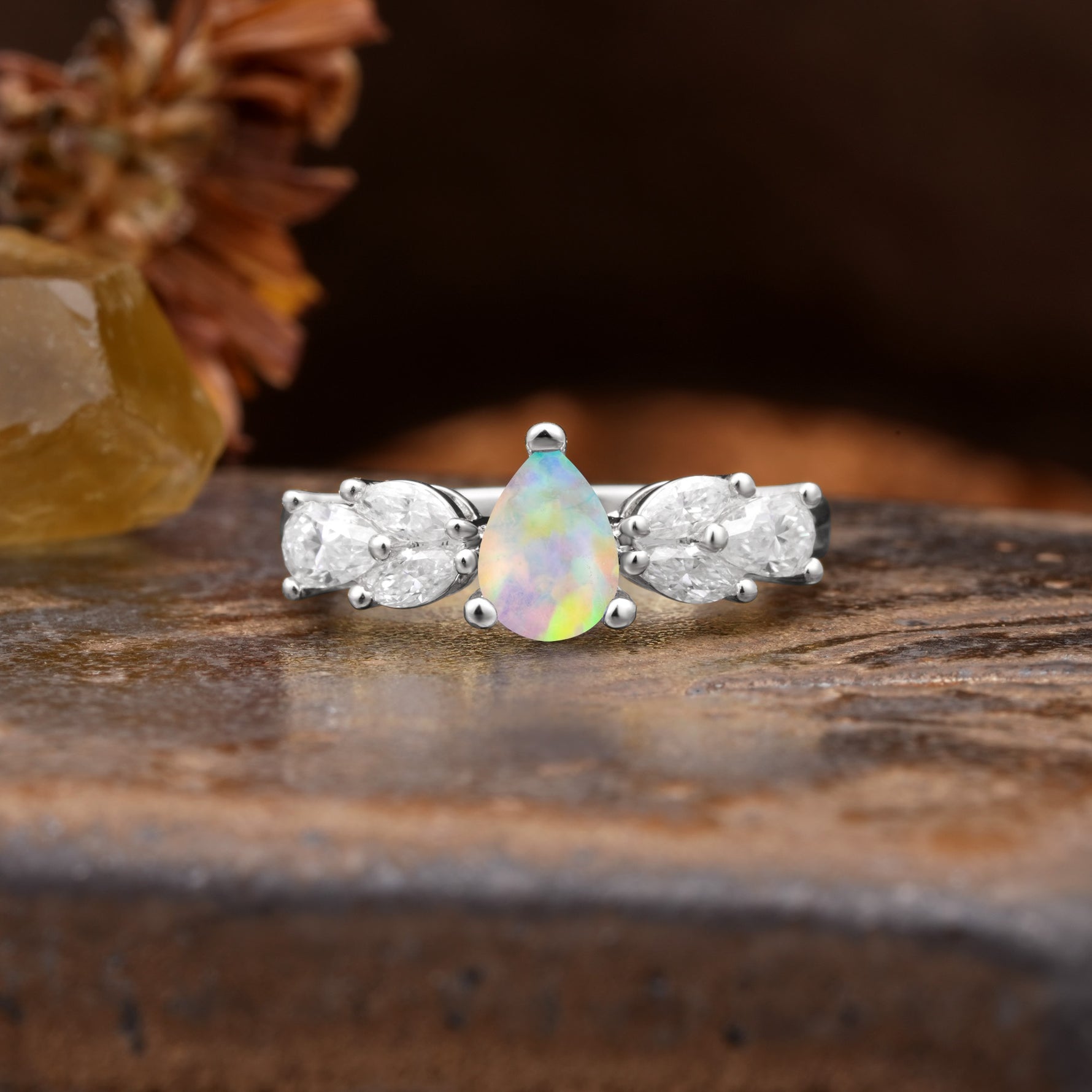Unique and Elegant Twisted 3-Prong Pear Cut Fire Opal Engagement Ring - Additional view