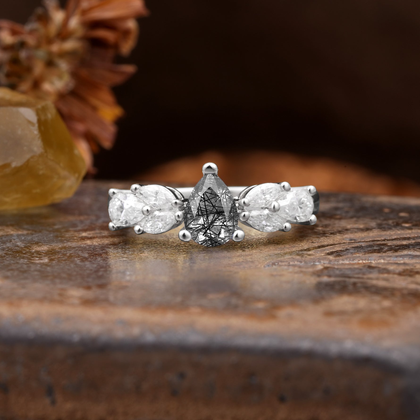 Unique and Elegant Twisted 3-Prong Pear Cut Black Rutilated Quartz Engagement Ring - Additional view
