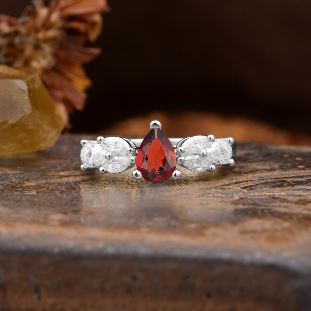 Unique and Elegant Twisted 3-Prong Pear Cut Garnet Engagement Ring - Additional view