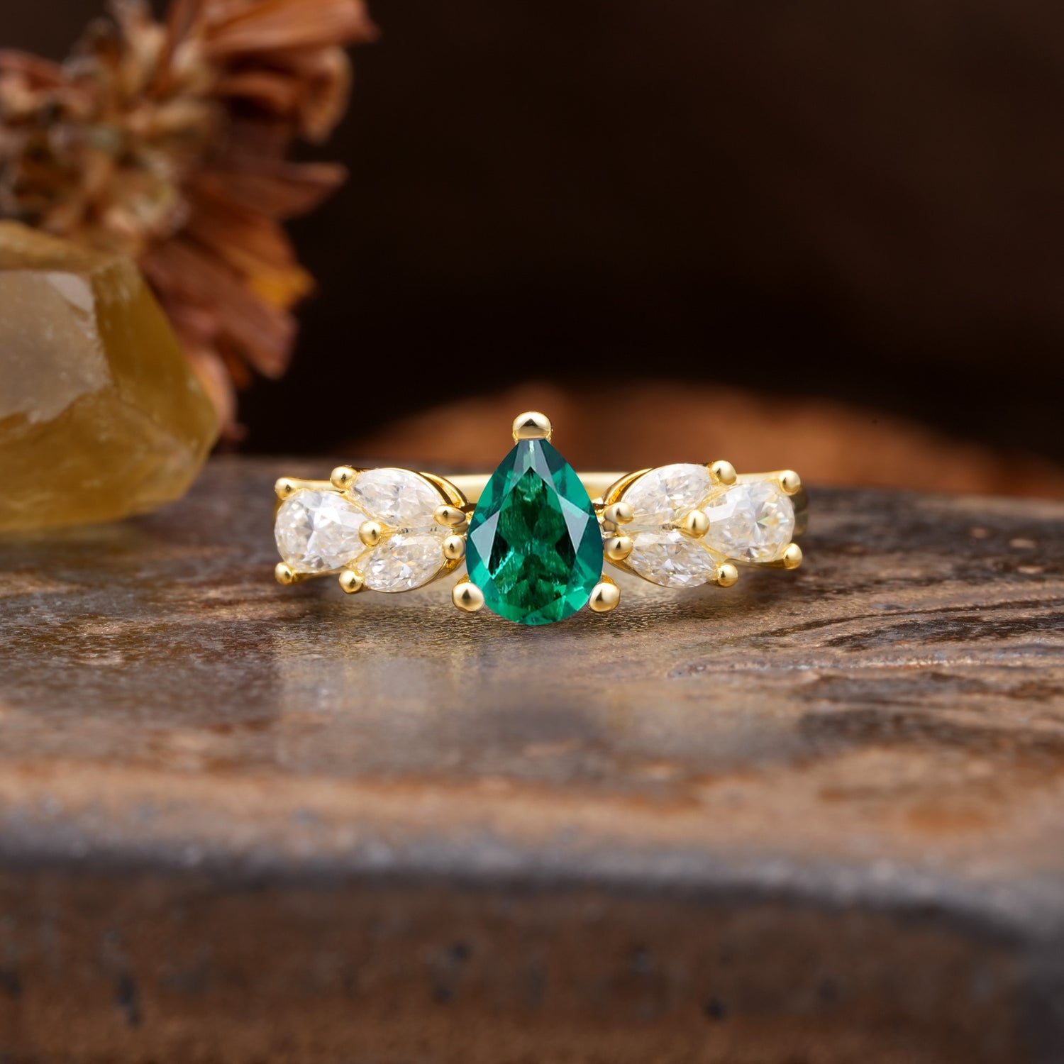 Unique and Elegant Twisted 3-Prong Pear Cut Emerald Engagement Ring