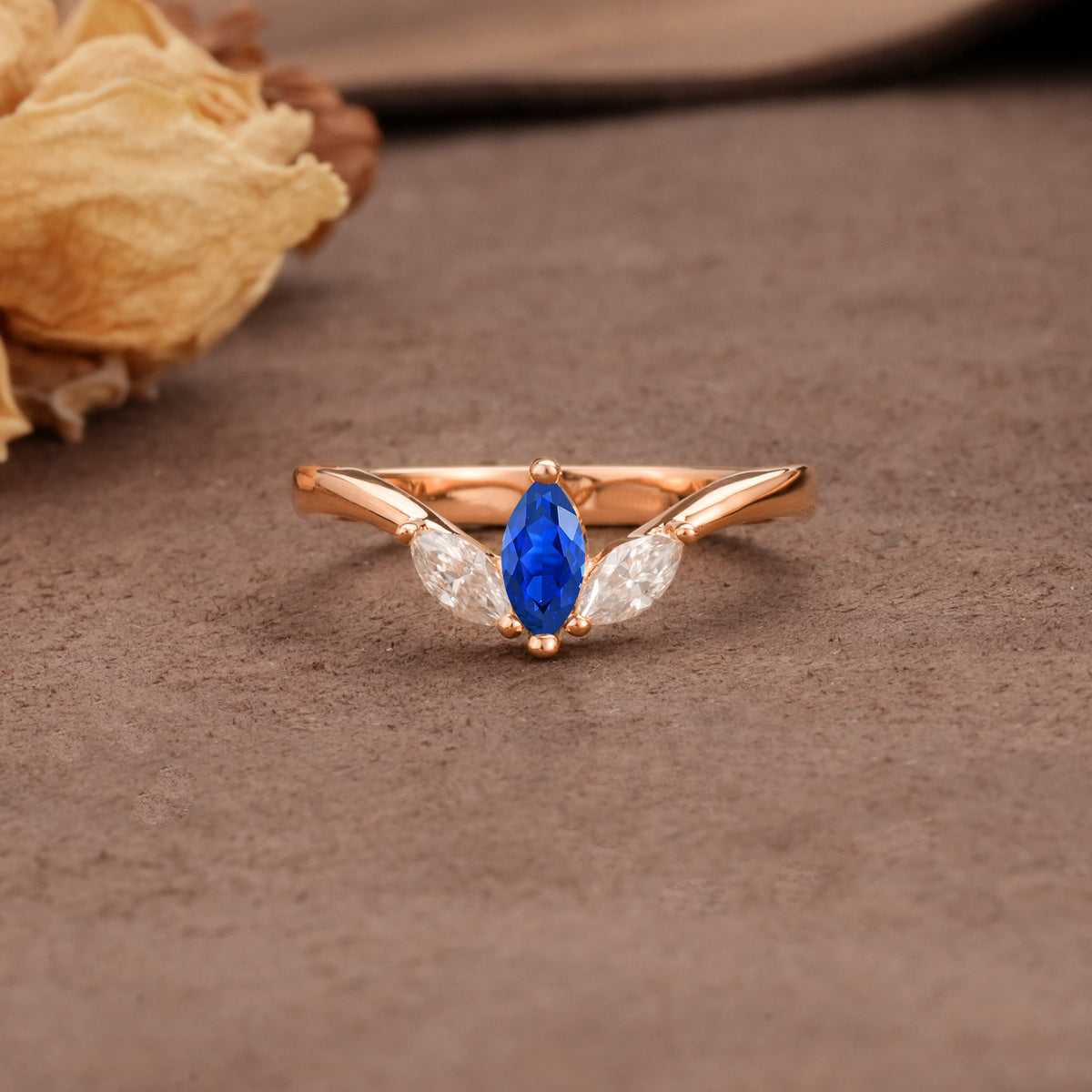 Unique, Minimalist 2-Prong Marquise Cut Sapphire Three-Stone Wedding Ring - Additional view
