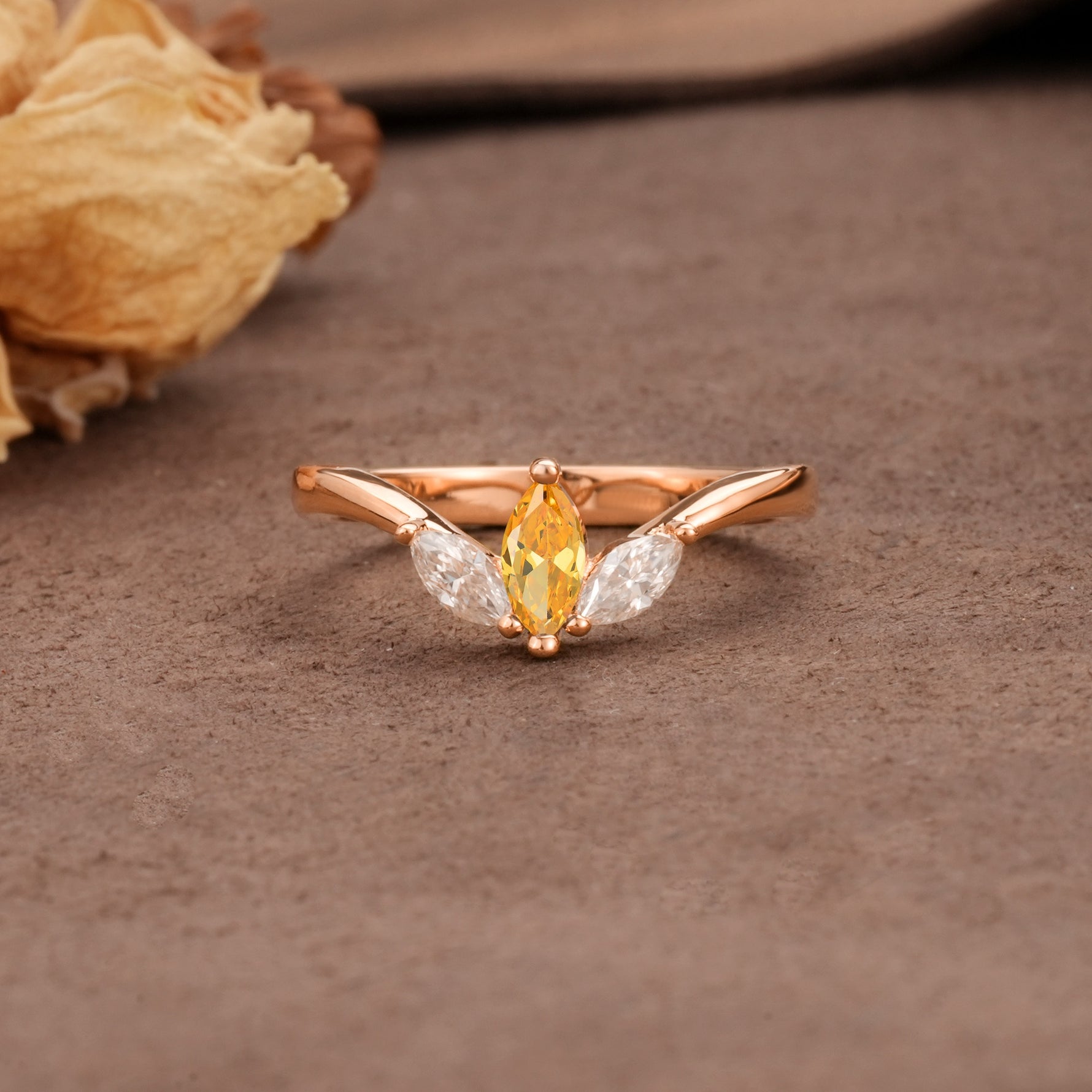 Unique, Minimalist 2-Prong Marquise Cut Citrine Three-Stone Wedding Ring - Additional view