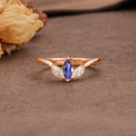 Unique, Minimalist 2-Prong Marquise Cut Tanzanite Three-Stone Wedding Ring - Additional view