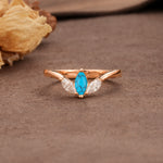 Unique, Minimalist 2-Prong Marquise Cut Turquoise Three-Stone Wedding Ring - Additional view