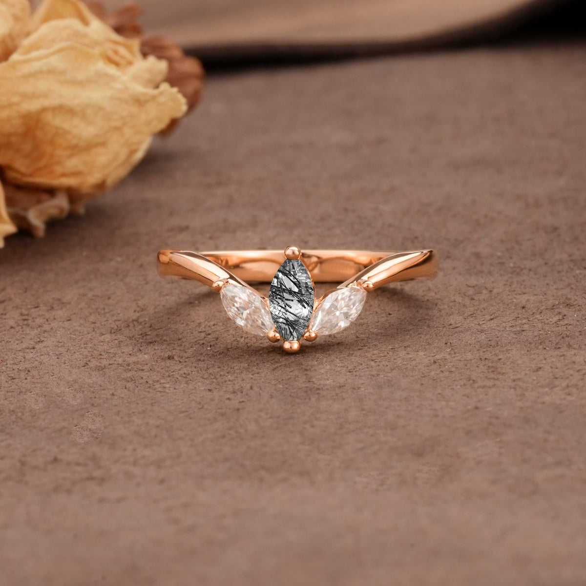 Unique, Minimalist 2-Prong Marquise Cut Black Rutilated Quartz Three-Stone Wedding Ring - Additional view