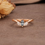 Unique, Minimalist 2-Prong Marquise Cut Black Rutilated Quartz Three-Stone Wedding Ring - Additional view