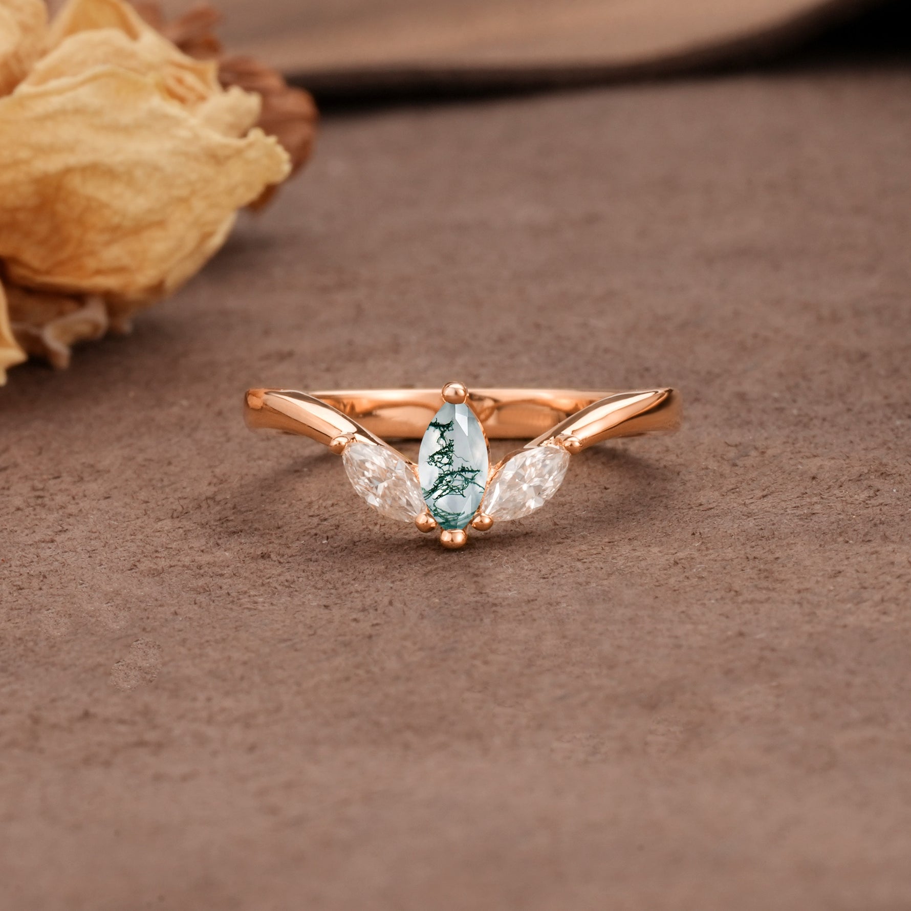 Unique, Minimalist 2-Prong Marquise Cut Moss Agate Three-Stone Wedding Ring - Additional view