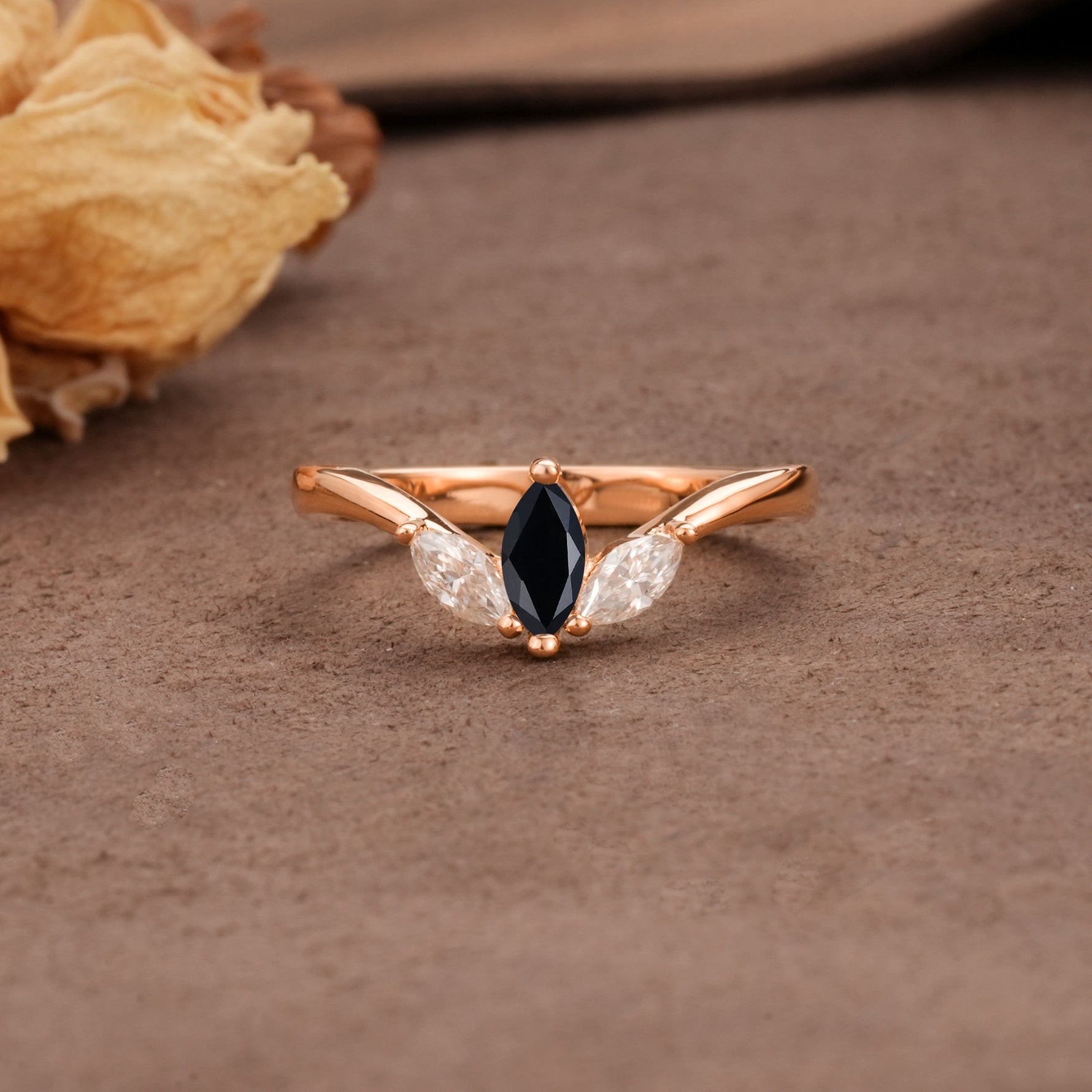 Unique, Minimalist 2-Prong Marquise Cut Black Onyx Three-Stone Wedding Ring - Additional view