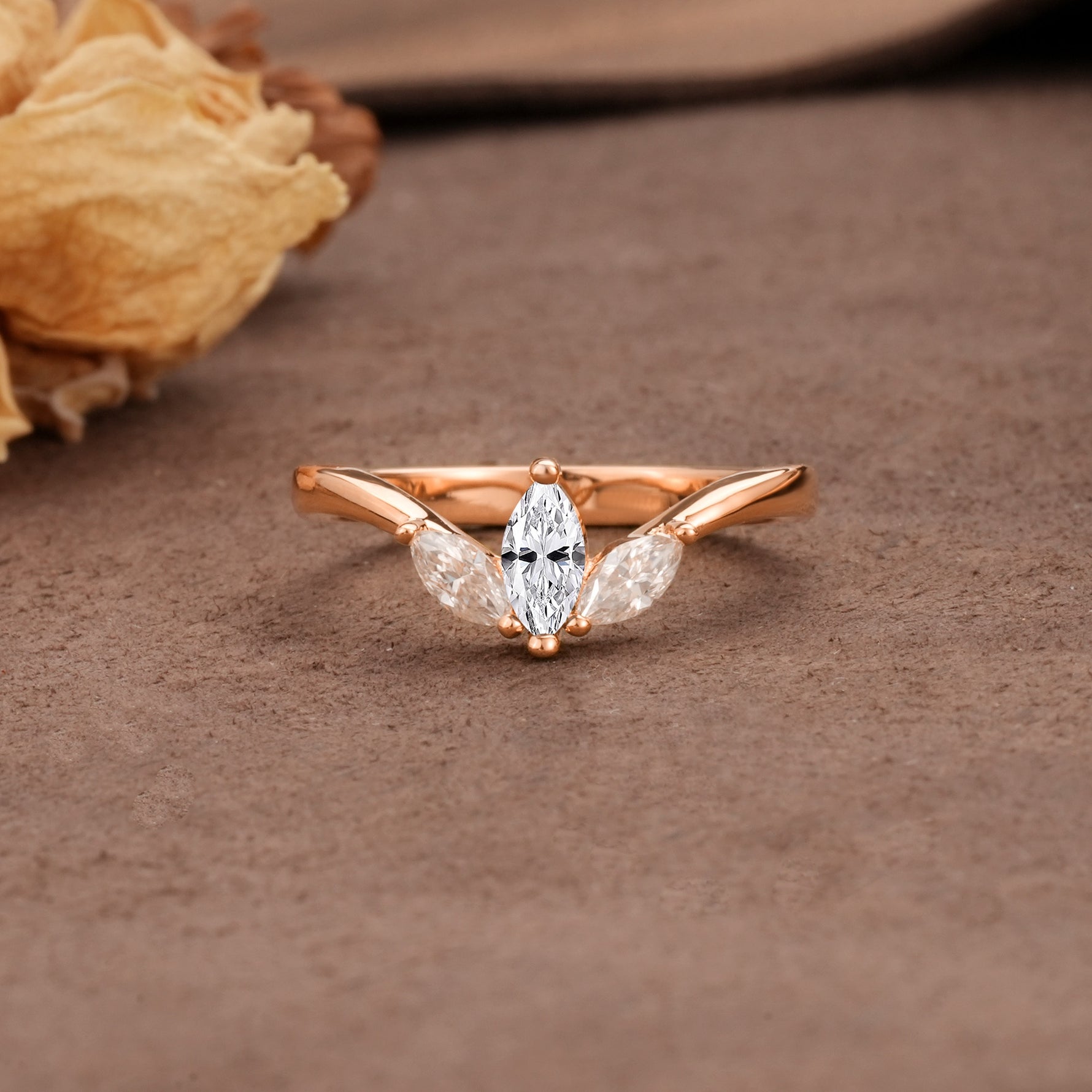 Unique, Minimalist 2-Prong Marquise Cut Lab Diamond Three-Stone Wedding Ring - Additional view