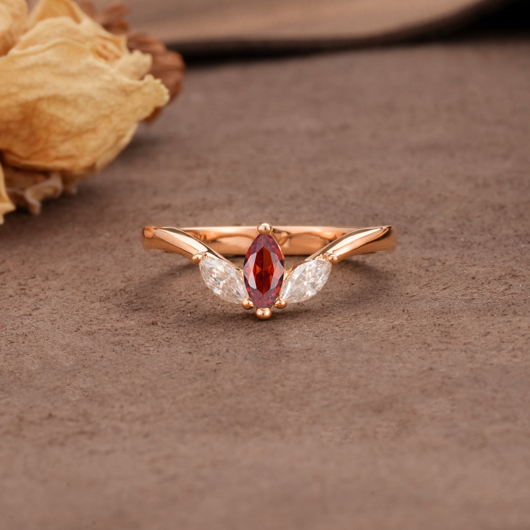 Unique, Minimalist 2-Prong Marquise Cut Garnet Three-Stone Wedding Ring - Additional view
