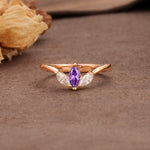 Unique, Minimalist 2-Prong Marquise Cut Amethyst Three-Stone Wedding Ring - Additional view