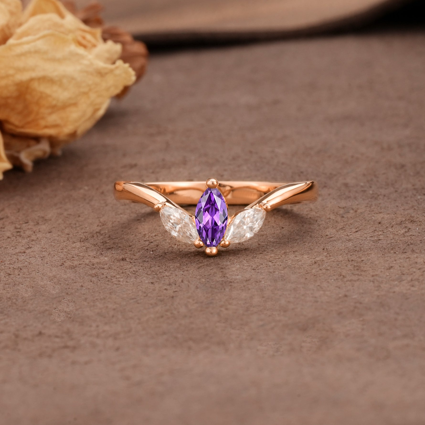 Unique, Minimalist 2-Prong Marquise Cut Amethyst Three-Stone Wedding Ring - Additional view