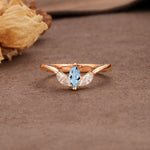 Unique, Minimalist 2-Prong Marquise Cut Aquamarine Three-Stone Wedding Ring - Additional view