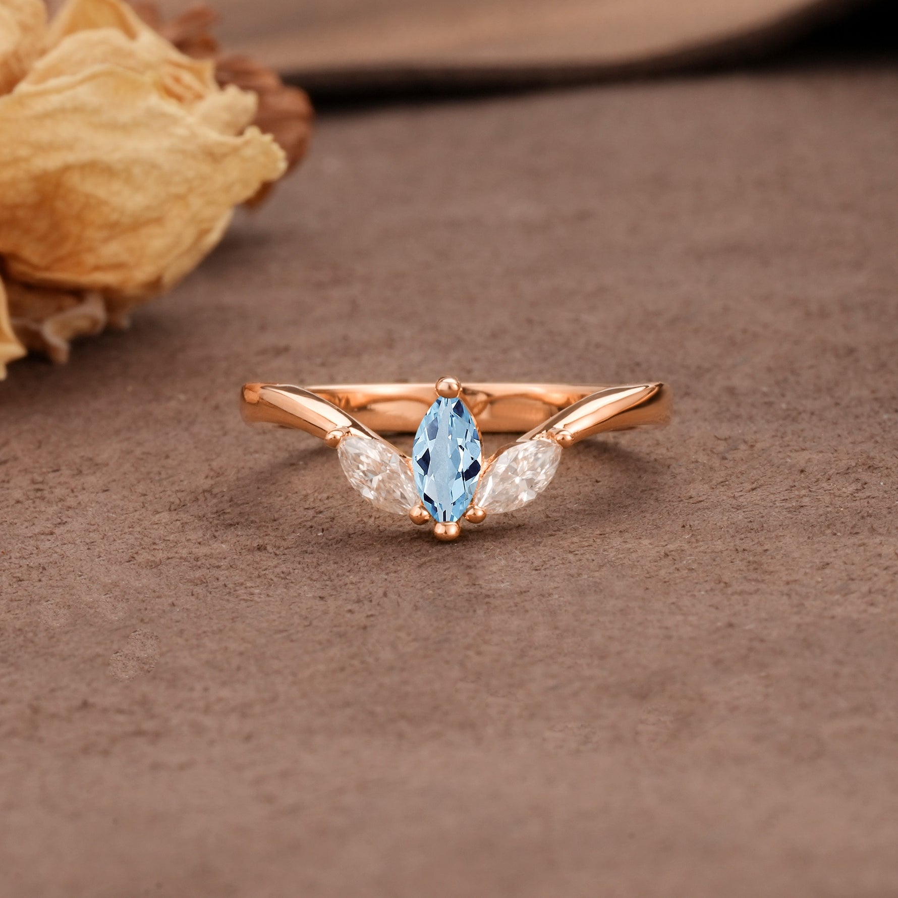 Unique, Minimalist 2-Prong Marquise Cut Aquamarine Three-Stone Wedding Ring - Additional view