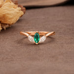 Unique, Minimalist 2-Prong Marquise Cut Emerald Three-Stone Wedding Ring - Additional view