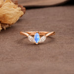 Unique, Minimalist 2-Prong Marquise Cut Moonstone Three-Stone Wedding Ring - Additional view