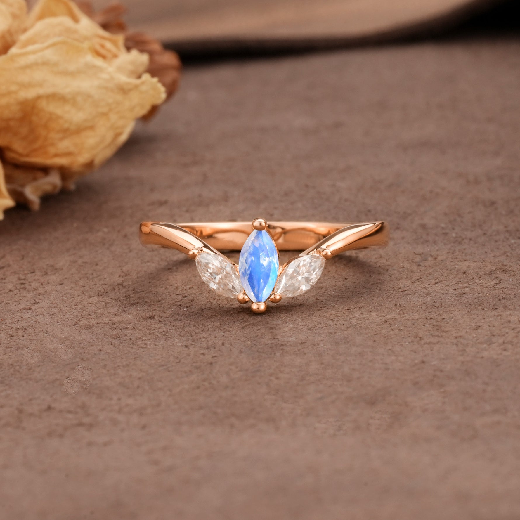 Unique, Minimalist 2-Prong Marquise Cut Moonstone Three-Stone Wedding Ring - Additional view