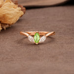 Unique, Minimalist 2-Prong Marquise Cut Peridot Three-Stone Wedding Ring - Additional view