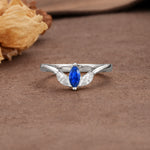 Unique, Minimalist 2-Prong Marquise Cut Sapphire Three-Stone Wedding Ring - Additional view
